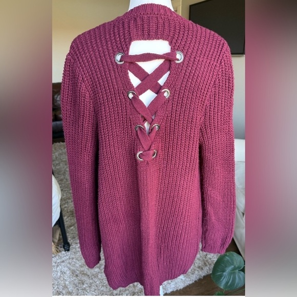 Almost Famous Sweaters - Almost Famous MEDIUM Burgundy Knit Cardigan Sweater With Back Lace Up Detail
